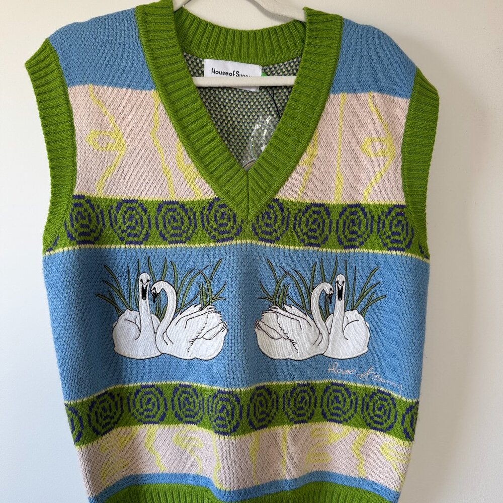House of Sunny Swan Knit Sweater Vest – V-Neck Graphic Intarsia